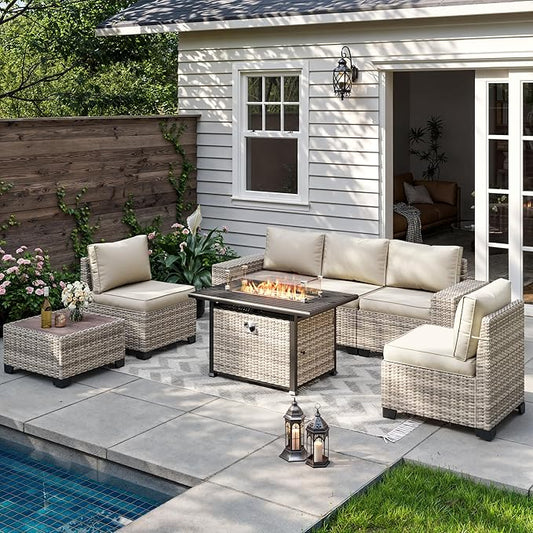 7-Piece Outdoor Patio Furniture Set with 55,000 BTU Fire Pit Table, PE Wicker Rattan Sectional Sofa Patio Conversation Set with Thickened Cushions & Coffee Table, Ivory