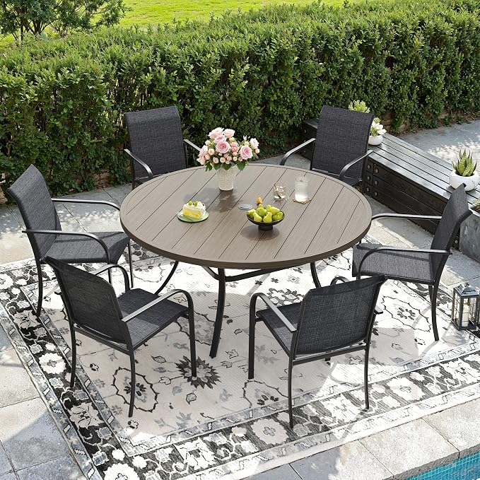 DIFY Patio Dining Set for 6, 7 Piece Outdoor Table and Chairs Set, 50" Grey Wood-Like Round Metal Patio Dining Table and 6 Grey Textilene Stackable Patio Chairs, for Backyard Garden Poolside by DIFY