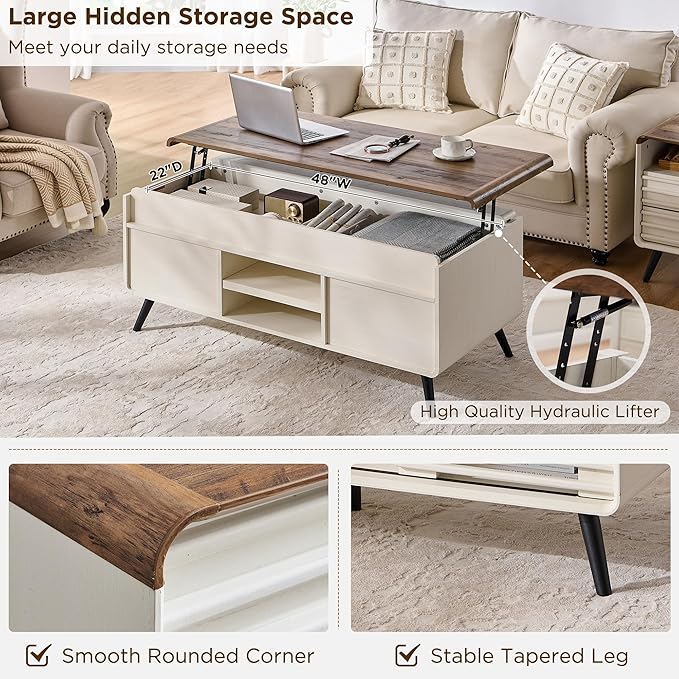 OKD Lift Top Coffee Table Sliding Slatted Door, 48" Mid Century Modern Wood Center Table Hidden Storage Compartment & Adjustable Shelf, Lift Tabletop Dining Table for Living Room,Antique White
