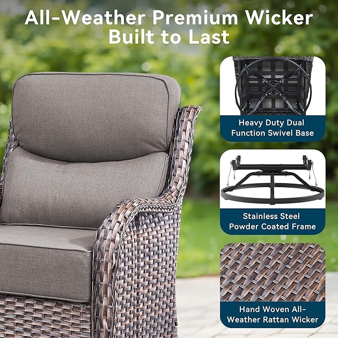 Luxury High Back Outdoor Furniture with 6-Inch Thick Cushions, Patio Furniture Set with Swivel Chairs, 7 PCS Wicker Conversation Set for Porch, Balcony, Deck and Yard