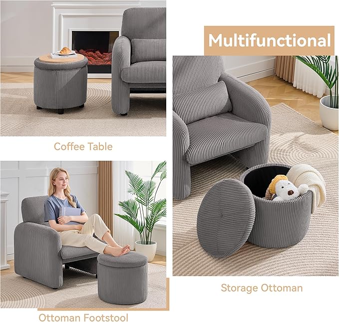 WUTUTUEE Corduroy Accent Chair with Storage Ottoman, Upholstered Armchair with Lumbar Pillow, Flip-Top Ottoman Converts to Coffee Table, Modern Sofa Chair for Living Room, Bedroom, Office, Grey
