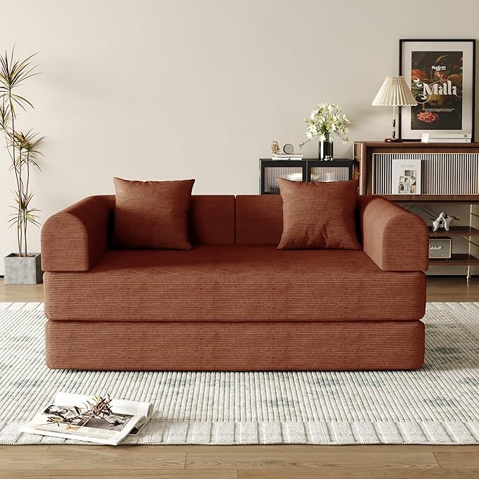 59'' Convertible Compressed Corduroy Folding Cloud Sofa Bed, Modern Boneless Pull Out Loveseat Sleeper in a Box, 4 in 1 Floor Mattress Futon Cloud Couch, No Assembly Needed, Orange, 2 Pillows, Queen
