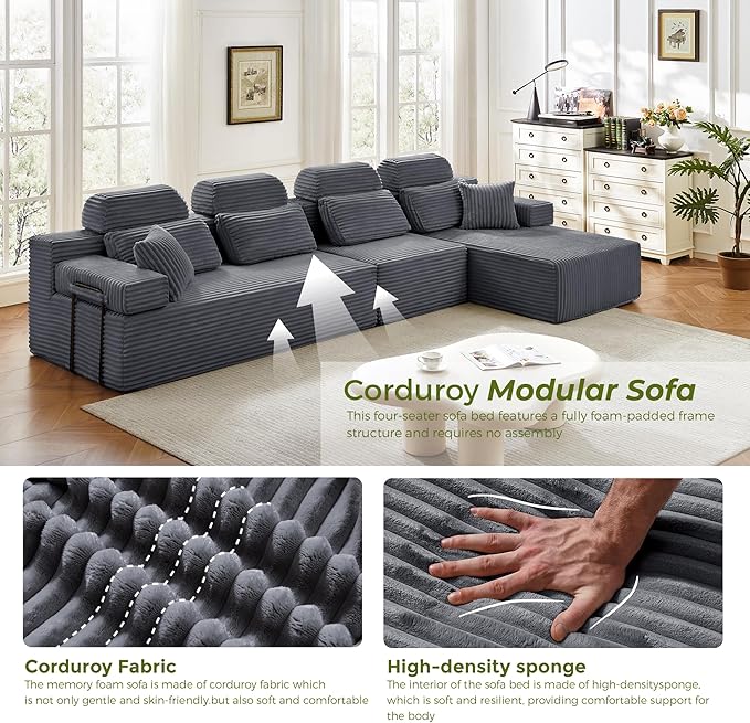 136" L-Shaped Cloud Modular Sectional Sofa with Chaise & Headrest, Boneless Deep Seat Plush Corduroy Couches for Large Living Room, No Assembly Required (Dark Gray, 136" L-shapred Chaise)