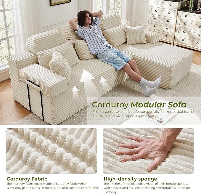 104" L-Shaped Cloud Modular Sectional Sofa with Chaise & Headrest, Boneless Deep Seat Plush Corduroy Couches for Large Living Room, No Assembly Required (White, 104" L-shapred Chaise)