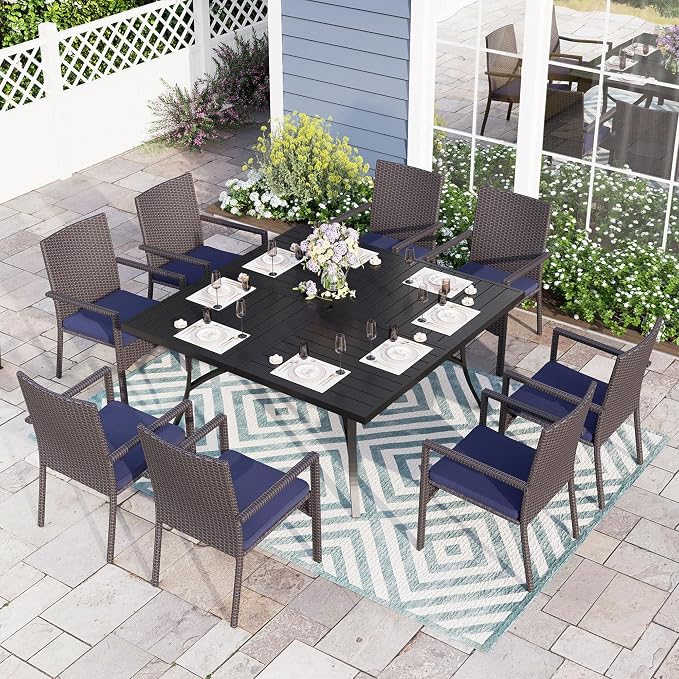 PHI VILLA Large Outdoor Square Dining Table for 8, 60" Metal Steel Slat Table with Umbrella Hole, Weather-Resistant Dining Fruniture for Patio, Deck, Backyard, Porch - Black - Image 8
