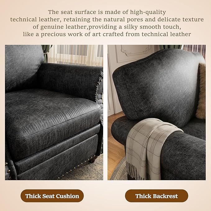 Single Sofa Chair, Faux Leather Nailhead Armchair, Rolled Arm Accent Chair for Living Room, Wood Legs, Traditional Single Couch Chair for Apartment, Farmhouse (Black, Set of 2)
