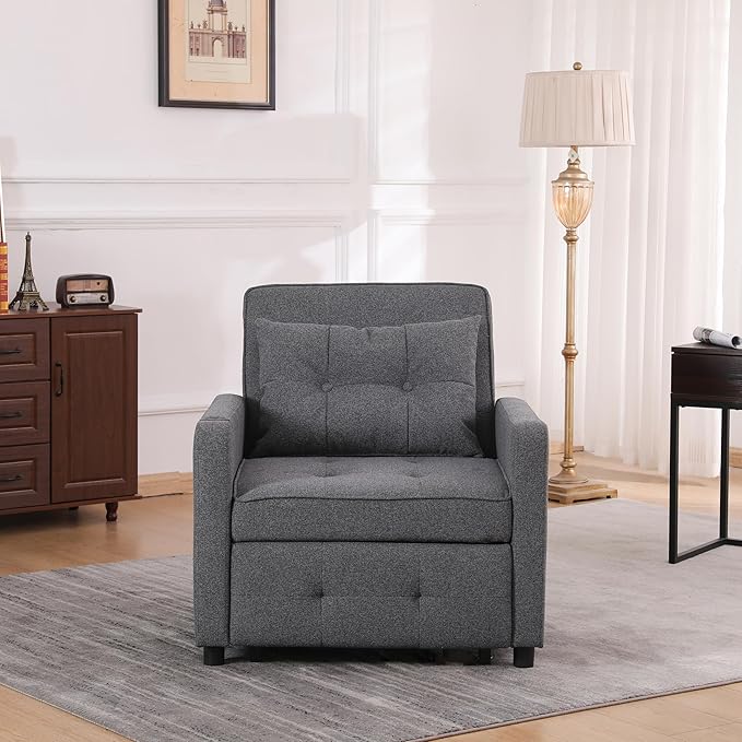 Ball & Cast 3 in 1 Sleeper Sofa Bed,Convertible Pull Out Couch with USB Ports and Side Pocket,Single Sofa Chair W/Adjustable Backrest,Futon Chaise Lounge for Living Room,Apartment,Antique Grey,31"