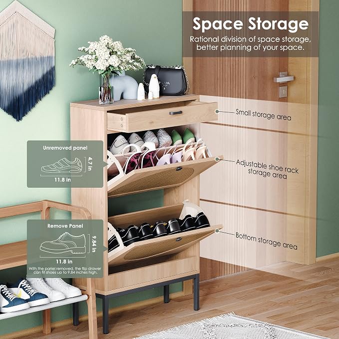 Yechen Shoe Rack Storage Organizer with 2 Natural Semi-Circular Rattan Doors, Entryway Wooden Shoe Cabinet for Sneakers, Leather Shoes, High Heels, Slippers (1 Piece, Oak) - Image 3