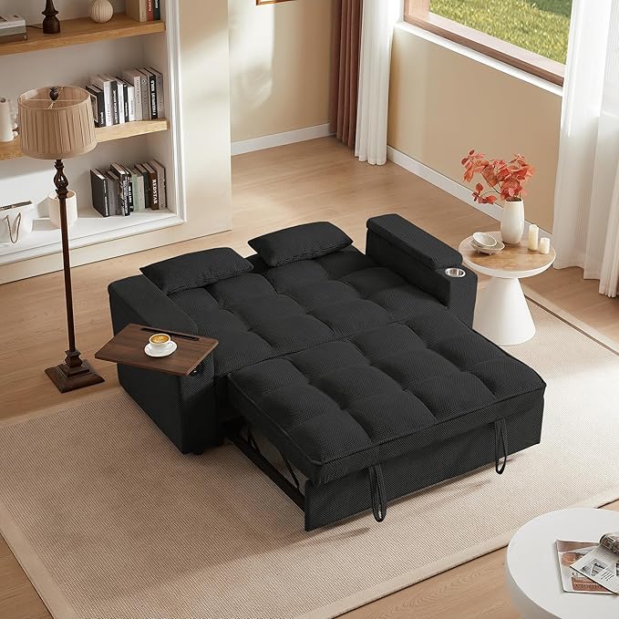 Eafurn 3 in 1 Convertible Sleeper Sofa Couch Bed,Padded Futon Loveseat Couch with Pull-Out Bed, 65" Oversized Recliner Loveseat Lounge Chaise w/Storage Armrest,USB, Side Table and Cupholders