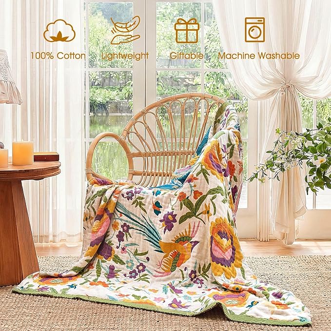 Boho Throw Blanket - 90"x90" 100% Cotton Ultra Soft Lightweight Blanket, 4-Layer Breathable Muslin Spring Blankets for Bed Couch, Reversible Green Floral Bird Printed Bohemian Cotton Quilt