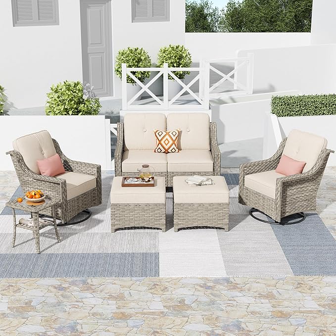 HOOOWOOO 6 Piece Patio Furniture Conversation Sets with Swivel Rocking Chairs,Outdoor Wicker Furniture with Ottoman,All Weather Resistant High Back Rattan Conversational Set(Beige Tan)