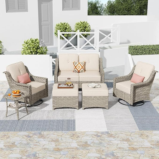 HOOOWOOO 6 Piece Patio Furniture Conversation Sets with Swivel Rocking Chairs,Outdoor Wicker Furniture with Ottoman,All Weather Resistant High Back Rattan Conversational Set(Beige Tan)