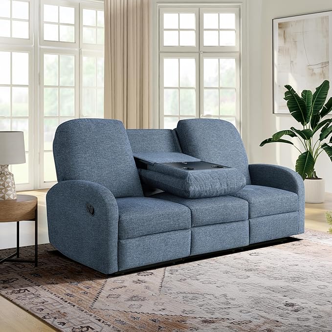 Relax-A-Lounger® Palmdale 79.6" Rocker Manual Pull-Handle Sofa Recliner, Soft Modern, Pocket Coil Comfort, Black Metal Base Leg, Soft Chenille Fabric, Blue