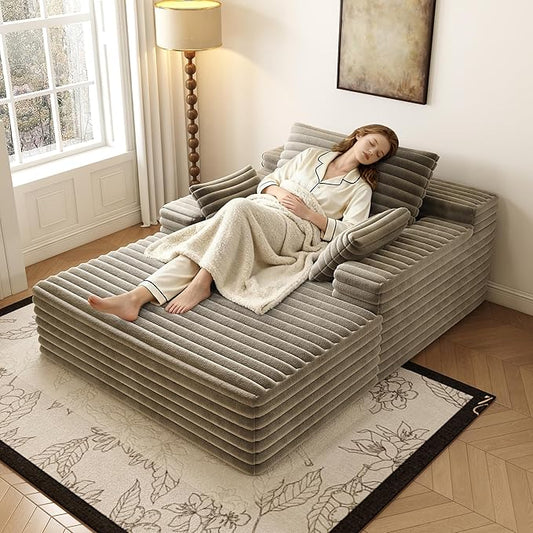 62.6" Oversized Boneless Chaise Lounge Sofa Bed - Cozy Corduroy Reading Chair for Living Room Bedroom, Small Cloud Couch with Throw Pillows, Plush Sleeper Sofa Chairs, No Assembly, Camel
