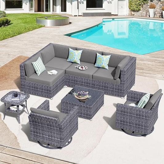 HOOOWOOO 8 Piece Patio Sectional Furniture Set with Swivel Rocking Chairs,Modern Wicker Outdoor Conversation Sofa Sets,Weather Resistant Modular L Shaped Outside Couch Set(Dark Gray)