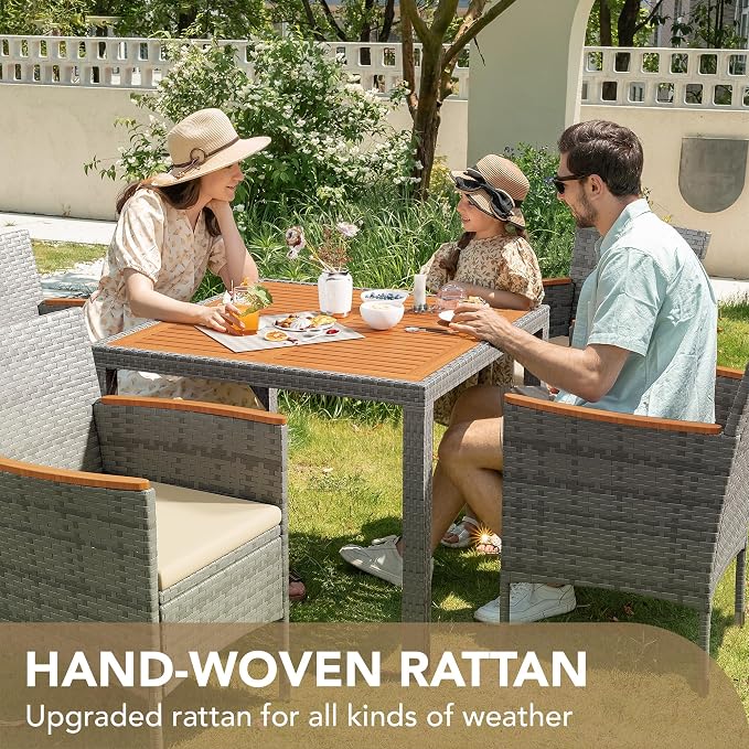 Devoko 5 PCS Furniture, Patio Conversation Set with Acacia Wood Top, Rattan Outdoor Dining Table and Chairs for Backyard, Garden, Deck, Grey - Image 2