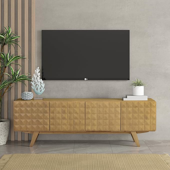 NTC Sapa Mid-Century Modern Solid Wood TV Stand 4-Door Media Console with Carved Geometric Fronts for TVs up to 75", Effortless Assembly, Sand by NTC