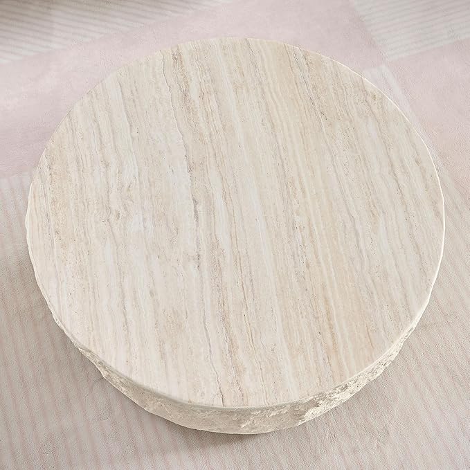 Round Coffee Table for Living Room Circle Coffee Table Modern Drum Center Table for Apartment, No Need Assembly (Fiberglass 35.43'' Cement Stone Pattern) | for Living Room, Modern, for Apartment, No Need Assembly