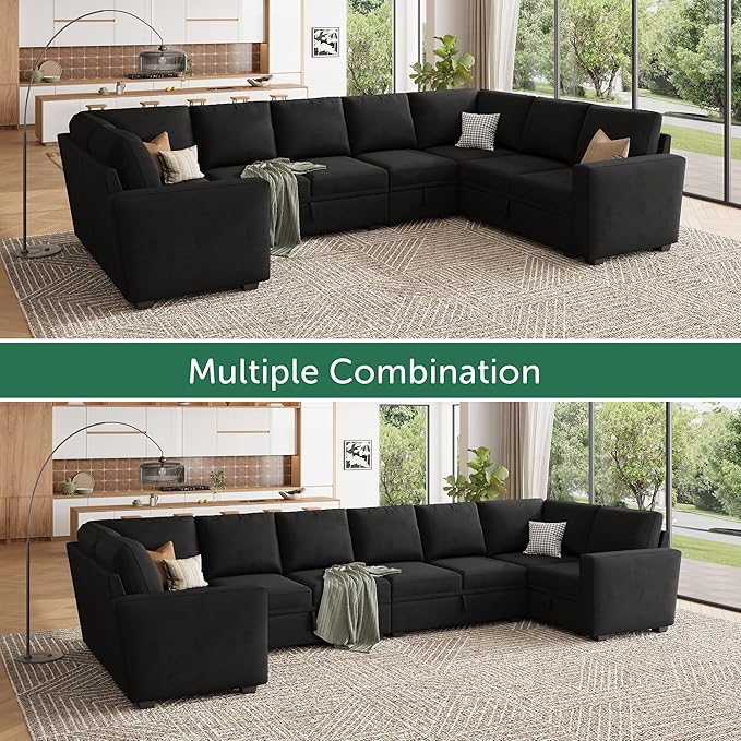 HONBAY Modular Sectional Couch with Storage, Velvet U-Shaped Sectional Sofa with Storage Ottoman Convertible U-Shaped Sofa for Living Room, Black