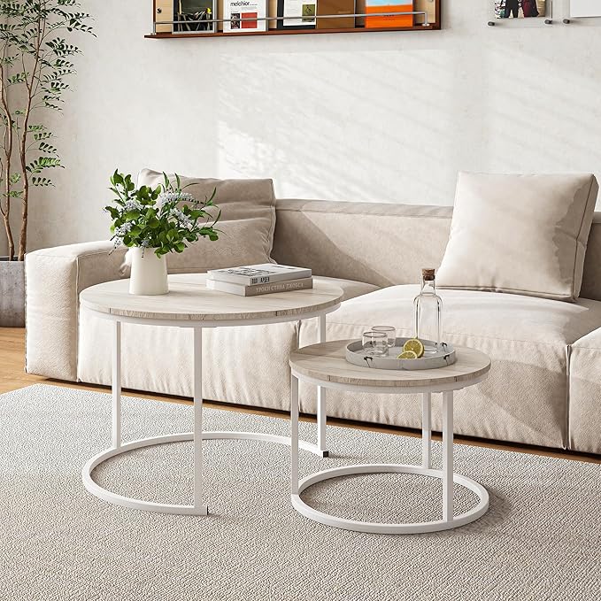 HOJINLINERO Round Coffee Table,Nesting Coffee Table Set of 2,Center Tables for Living Room,Office, Home Small Space,Stacking Side Tables,Sturdy and Easy Assembly,Wood Desktop,Oak+White,Large