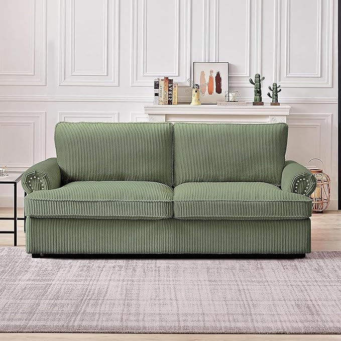 Reversible Sleeper Sofa Bed with Comfortable Memory Foam Mattress, Convertible Corduroy Full Size Pull Out Couch for Living Room, Space Saving Furniture, 76" Wide, Rounded Arms, Dark Green