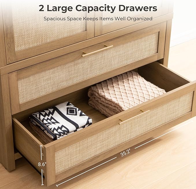 SICOTAS Armoire Wardrobe Closet, Larger Rattan Armoires Wardrobe Cabinet with 2 Larger Drawers and Hanging Rod, Tall Closet Storage Cabinet for Cloak Room, Laundry Room, Bedroom, Oak (3 Pieces)