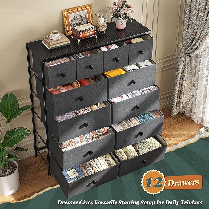 Romorgniz Dresser for Bedroom Tall Dresser with 12 Drawers Fabric Dressers & Chests of Drawers, Bedroom Dresser with Metal Frame, Wood Top, Entryway Living Room Closet, Grey - Image 4