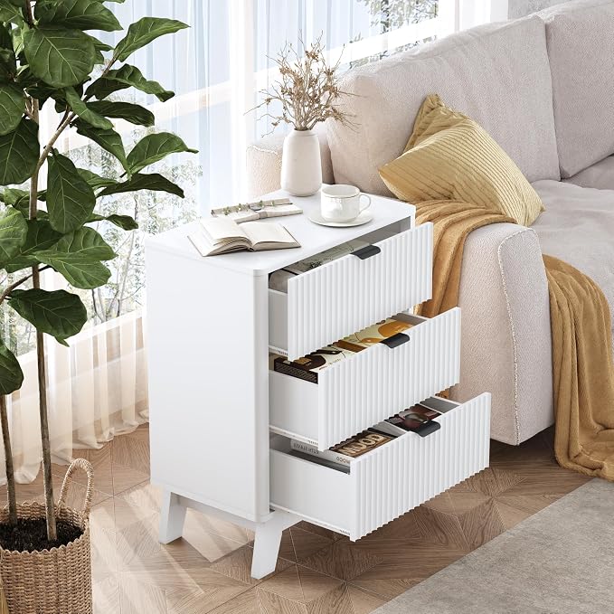 Wodeer Night Stands for Bedrooms Set of 2, Mid Century Modern Wood Bedroom Nightstand with 3 Drawers, Bedside Tables & End Tables with Metal Handles, Farmhouse Night Stands for Bedroom, White - Image 4