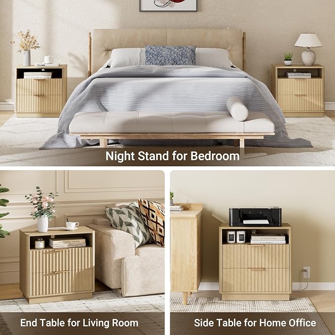 Fluted Nightstand, 23" Wide Night Stand, Modern Nightstand with Charging Station, 2 Drawer Large End Table w/Storage, Bedside Table for Bedroom Sofa Home Office, Curved Corners, Natural Oak - Image 7