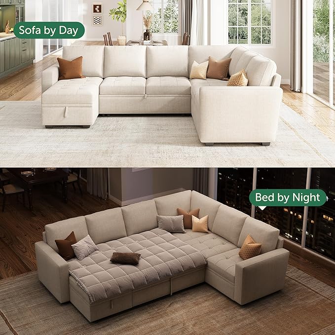 HONBAY Modular Sectional Couch with Pull Out Bed Sleeper Sofa with Storage U Shaped Modular Sectional Couches for Living Room,Mid Beige