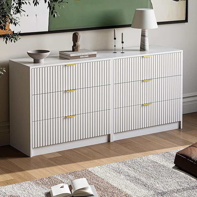 MAISONARIA 3-Piece Dresser Bedroom Set, 6 Drawer Dresser & 3 Drawer Nightstands with Gold Handles, Fluted Wood Chest of Drawers for Bedroom, Living Room, Entryway, White