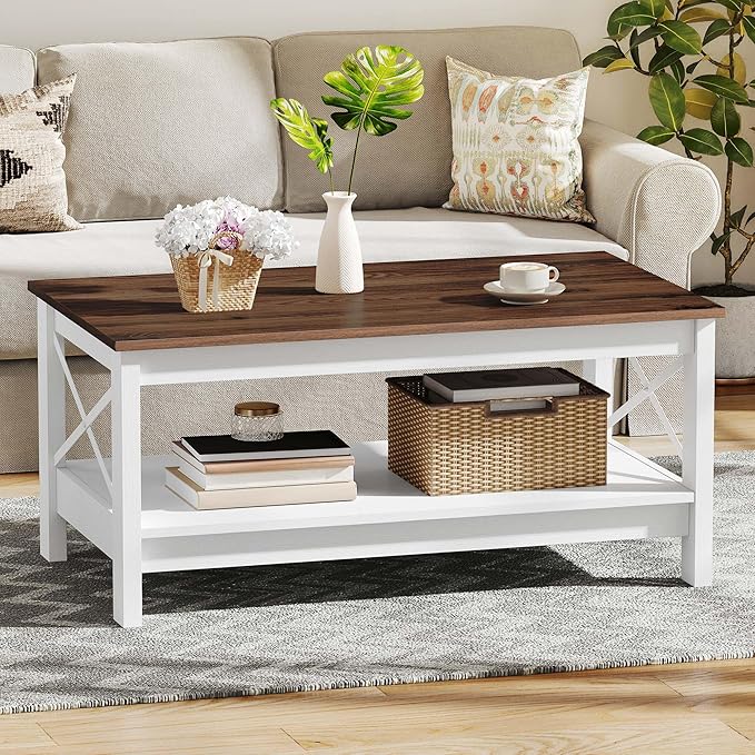 DWVO Rectangle Coffee Tables for Living Room Storage Table Wood Coffee Table with Thicker Legs 2 Tier Modern Coffee Table Center Table for Living Room, Brown