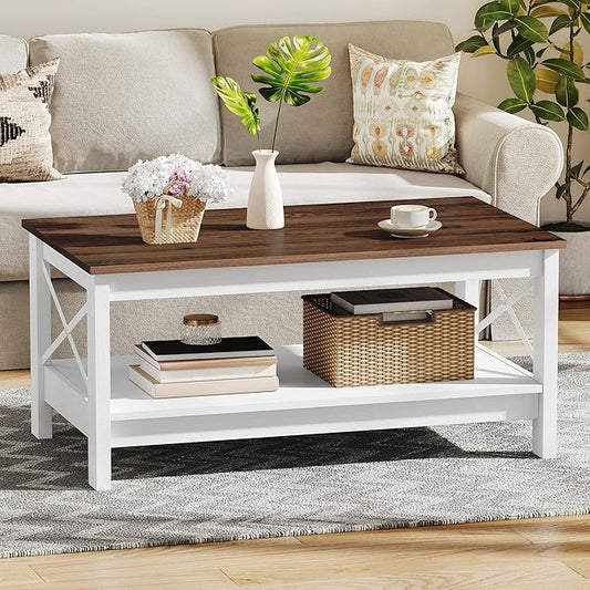 DWVO Rectangle Coffee Tables for Living Room Storage Table Wood Coffee Table with Thicker Legs 2 Tier Modern Coffee Table Center Table for Living Room, Brown