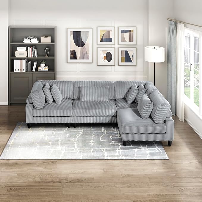 Lexicon 120 Inch Modular Sectional Sofa - Oversized 4 Seater Corduroy L Shaped Sectional Couch, 6 Accent Pillows, and Flexible Arrangement for Modern Living Rooms, Gray