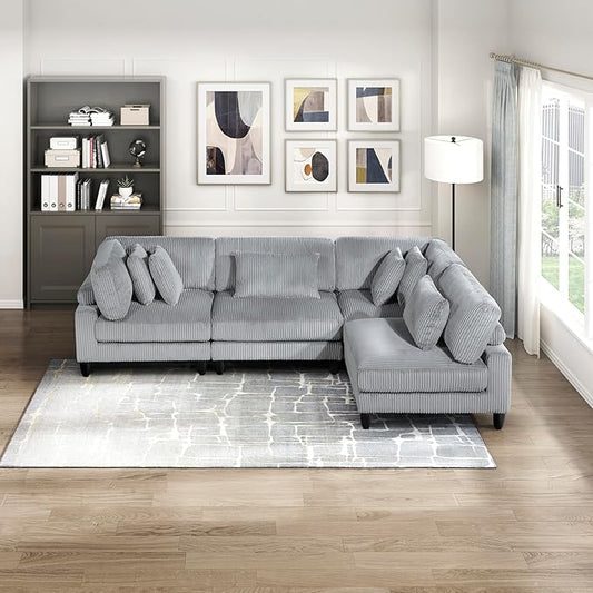 Lexicon 120 Inch Modular Sectional Sofa - Oversized 4 Seater Corduroy L Shaped Sectional Couch, 6 Accent Pillows, and Flexible Arrangement for Modern Living Rooms, Gray