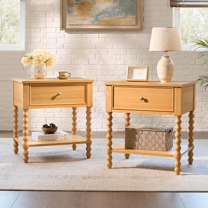 AMERLIFE 24" Wood Nightstand Set of 2, Vintage Bedside Table for Bedroom, Solid Wood Night Stand with Turned Legs, End Table with Drawer & Open Shelf, Natural Finish by AMERLIFE