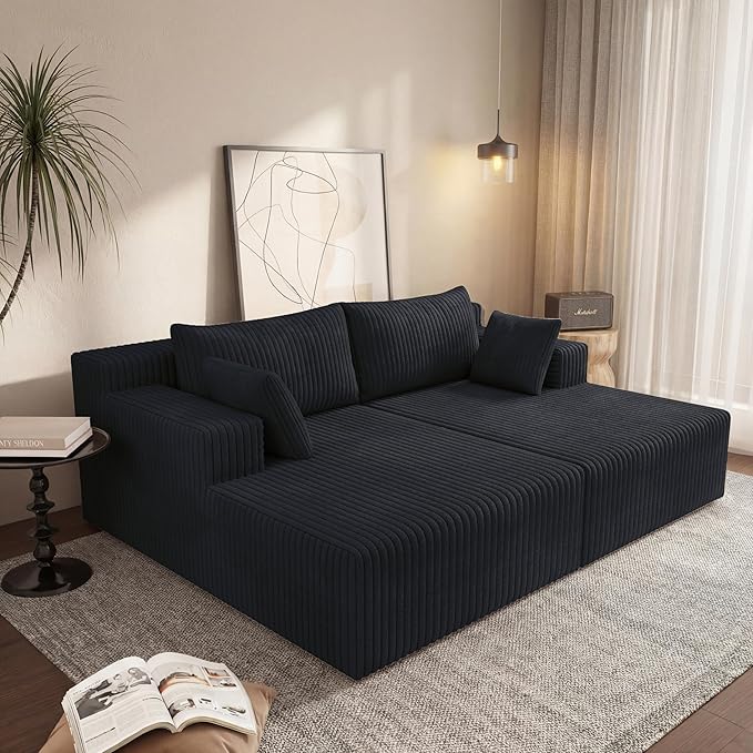 71-Inch Fluffy Corduroy Boneless Sleeper Daybed Loveseat Double Recliner Chaise Lounge Sofa Couches, Floor Cloud Sofa Chaise W/4 Pillows for Home Apartment Living Room