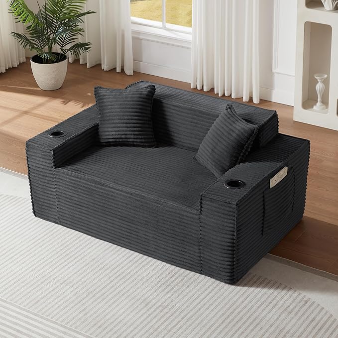 Cloud Loveseat Boneless Sofa Couch in a Box with Cupholders, Modern Corduroy Compressed Sofa for Living Room, 2 Seater High-Density Foam Couch with Pillows, No Assembly Required