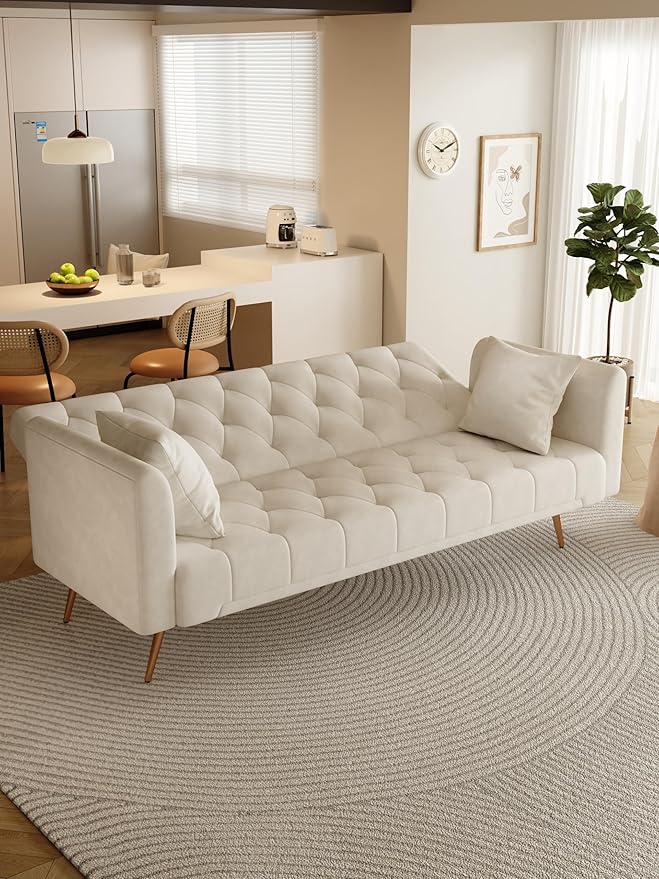 KEIKI 71 INCH Loveseat Sofa with Adjustable Backrest, Upholstered 2 Seater Velvet Couch for Living Room Bedroom Office Apartment, Beige
