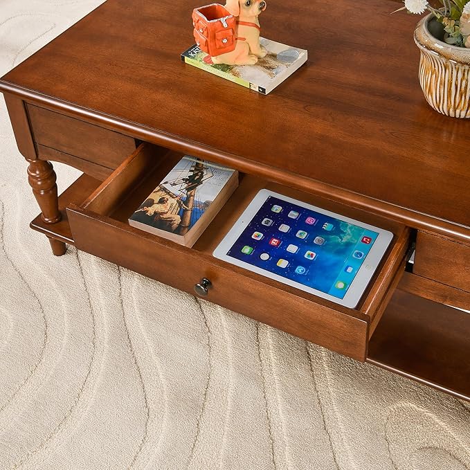 Rectangular Coffee Table with 2 Storage Drawers, Mid-century Solid Wood Living Room Table with Carved Leg, Elegant Vintage Center Table, No-Tools Assembly, 43.3”L x 23.6”W x 18”H Caramel Brown KFZC008