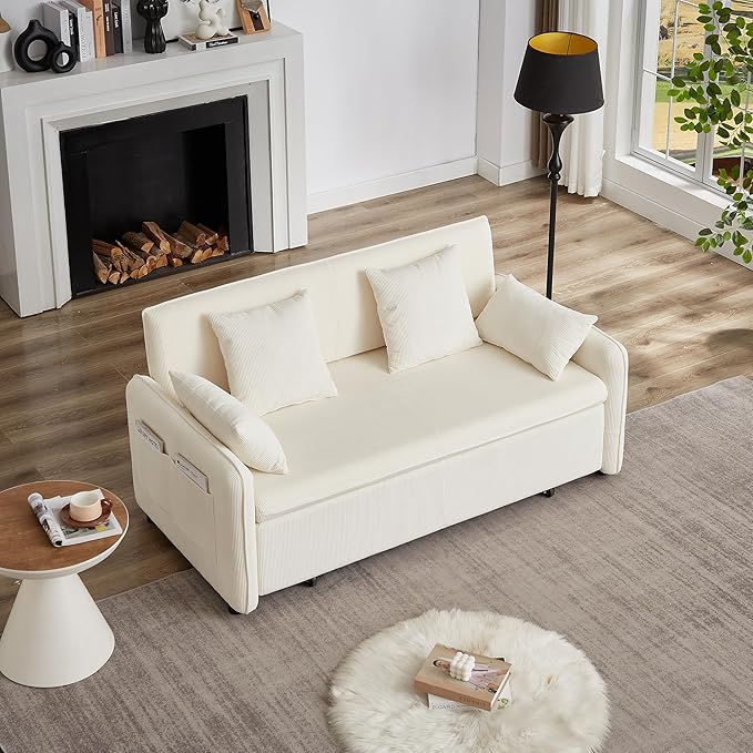 Ball & Cast 66" Convertible Sofa Bed,3-in-1 Corduroy Loveseat Sleeper Pull Out Couch Bed with Pillows and Side Pockets, Deep Seat Comfy Sofa Couches for Living Room,Apartment,Beige