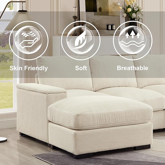 122" Oversized Modular Sectional Sofa Cloud Couch with 2 Ottomans, Comfy Corduroy Upholstered Deep Seat Large U Shaped Lounge Sofa&Couches with Hidden Arm Storage Box