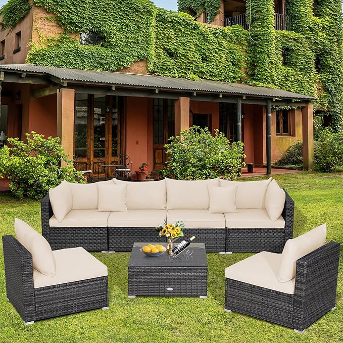 Tangkula 7 Piece Patio Wicker Furniture Set, Outdoor Rattan Sectional Sofa Set for 6 with Seat & Back Cushions, 2 Throw Pillows, Sofa Fastener Clips, for Backyard, Poolside, Deck and Garden (Beige)