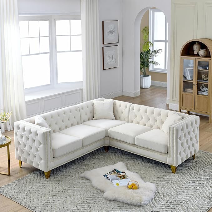 KEIKI 82.2" Velvet Corner Sofa, Tufted 5 Seat Couch, L-Shaped Sectional Couch for Living Room, Buttons Tufted Square Arm Couch for Home Apartment, Beige