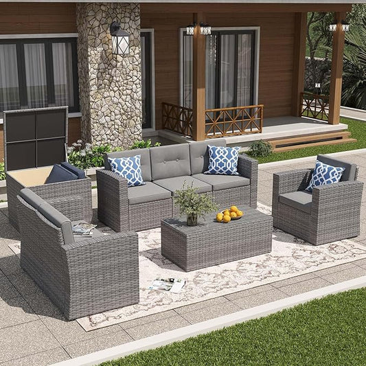JOIVI 8 Pieces Patio Furniture Set with Storage Box, Rattan Patio Conversation Set, Rattan Couch Sectional Sofa Set with Cushions and Coffee Table for Outside Porch, Deck, Gray