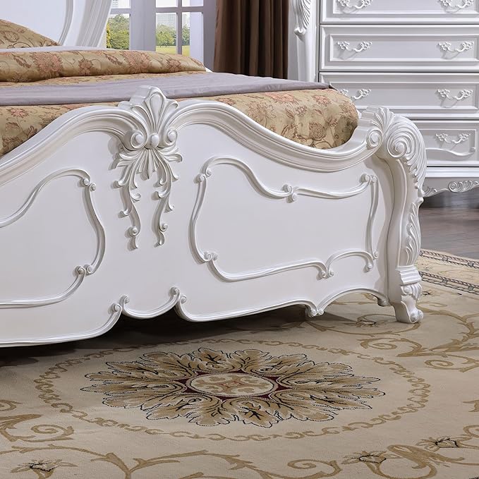 Furniture of America Eugene Traditional Solid Wood 3-Piece Bedroom Collection with Bed Frame and 3-Drawer Nightstands Set of 2, Box Spring Required, White, King