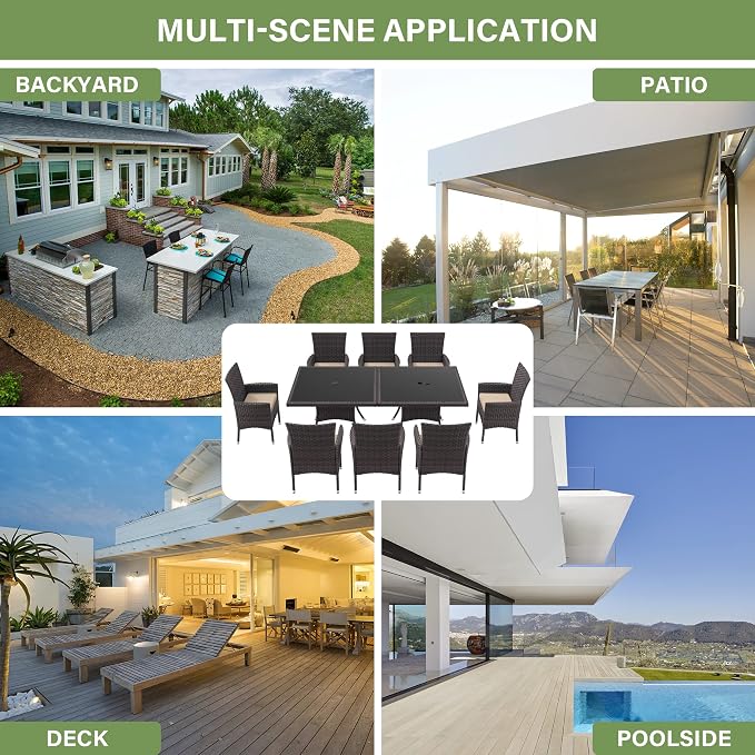 ALAULM 10 Piece Outdoor Patio Dining Set for 8 All-Weather Wicker Patio Furniture Set w/Tempered Glass Tabletop, Removable Cushions and Umbrella Hole for Patio, Backyard, Garden, Poolside (Brown) - Image 7