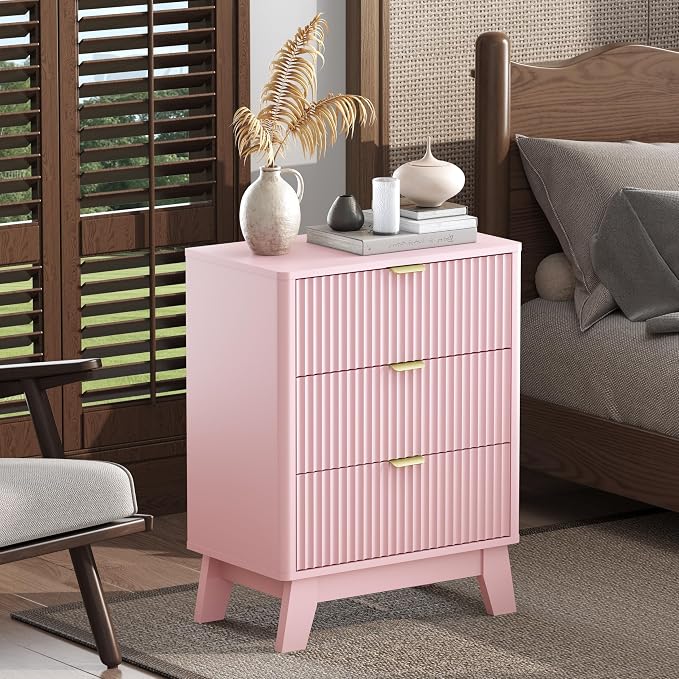 Wodeer Pink Nightstand with 3 Drawers, Mid Century Modern Wooden Bedroom Nightstand, Bedside Table & End Table with Metal Handles, Farmhouse Night Stands for Bedroom by WODEER