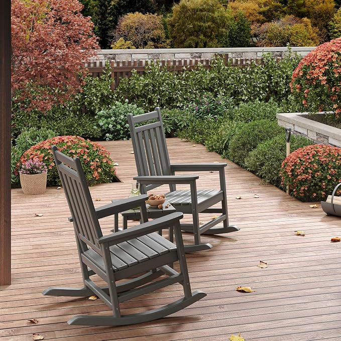 Garvee HDPE Rocking Chair Outdoor Set of 2 with Side Table - Poly High Back Porch Rocker Chairs for Adults - All Weather Resistant Furniture for Patio Front Porch - Gray - Image 8