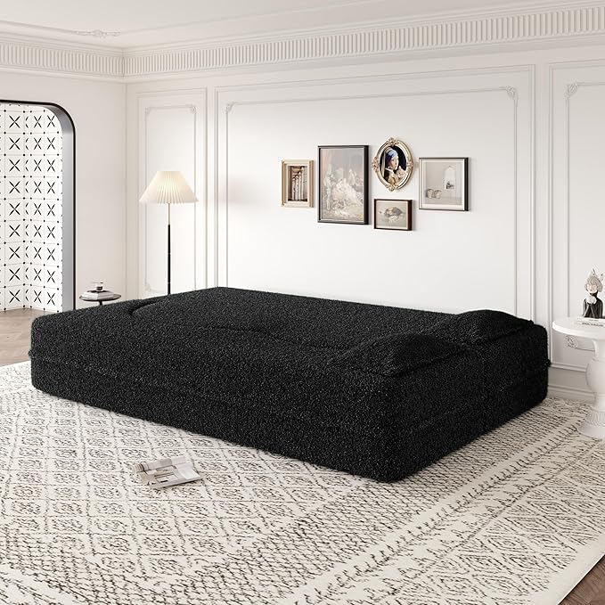 Ball & Cast 78" Floor Sofa Bed with 2 Pillows,Convertible Teddy Fabric Foam-Filled Sleeper Sofa Bed,Pull Out Couch Full Size Folding Mattress for Living Room,Playroom,No Assembly Required,Black
